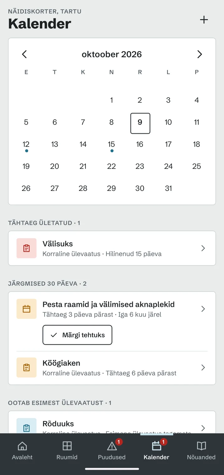 2026. aasta oktoobri kalender, kus on üks hilinenud ülevaatus ja kaks kontrolli järgmise 30 päeva jooksul.