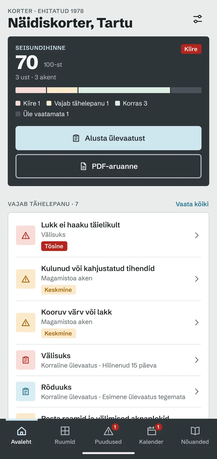Näidiskorteri avaleht: seisundihinne 70 punkti 100-st, 3 ust ja 3 akent ning loetelu sellest, mis vajab tähelepanu.