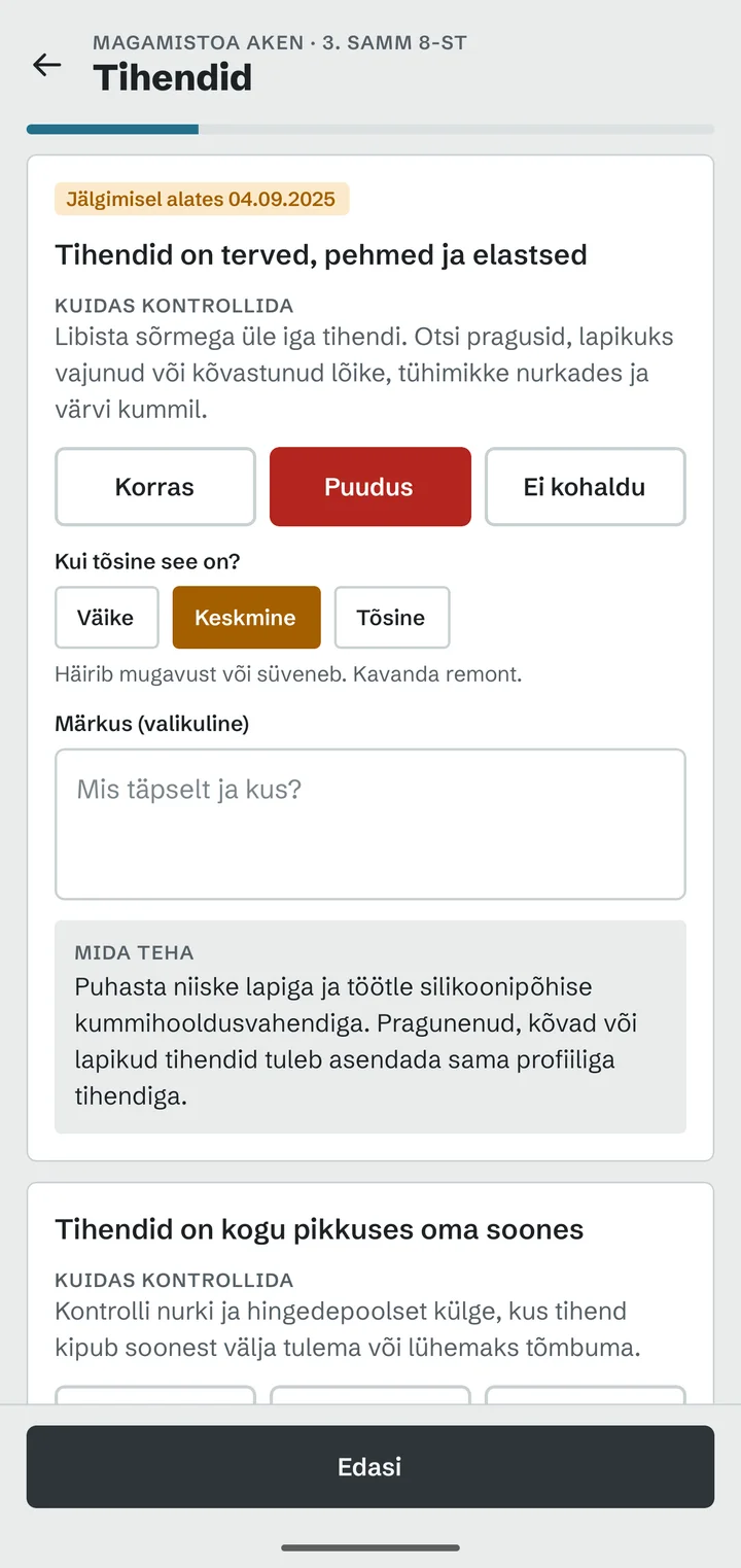 Ülevaatuse 3. samm 8-st, „Tihendid“: punkt vastusega „Puudus“, raskusaste „Keskmine“ ja juhis, mida teha.