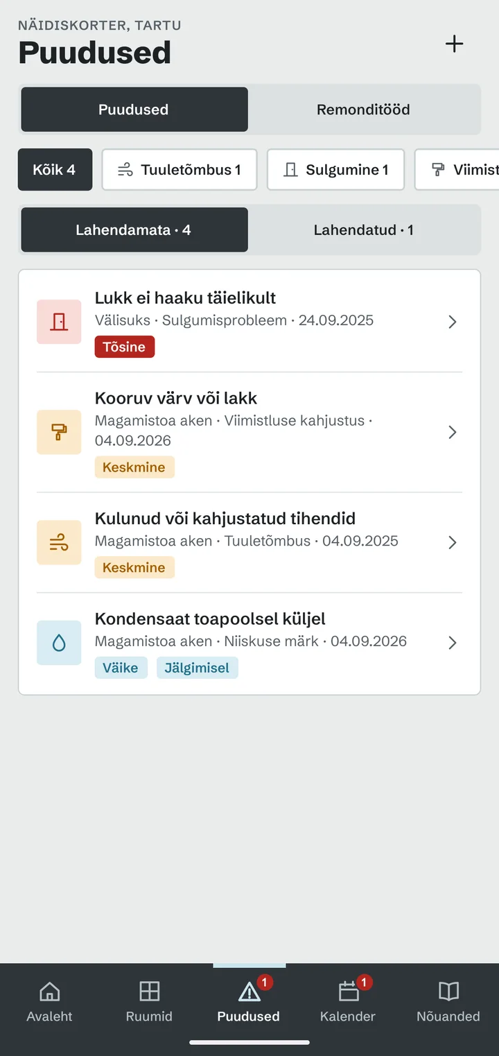 Puuduste nimekiri liikide filtri ja raskusastmetega välisukse ja magamistoa akna kohta.