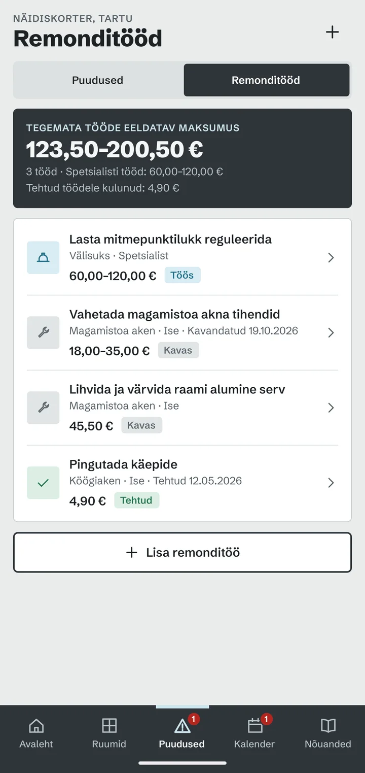 Remonditööde nimekiri; tegemata tööde eeldatav maksumus on 123,50–200,50 €.